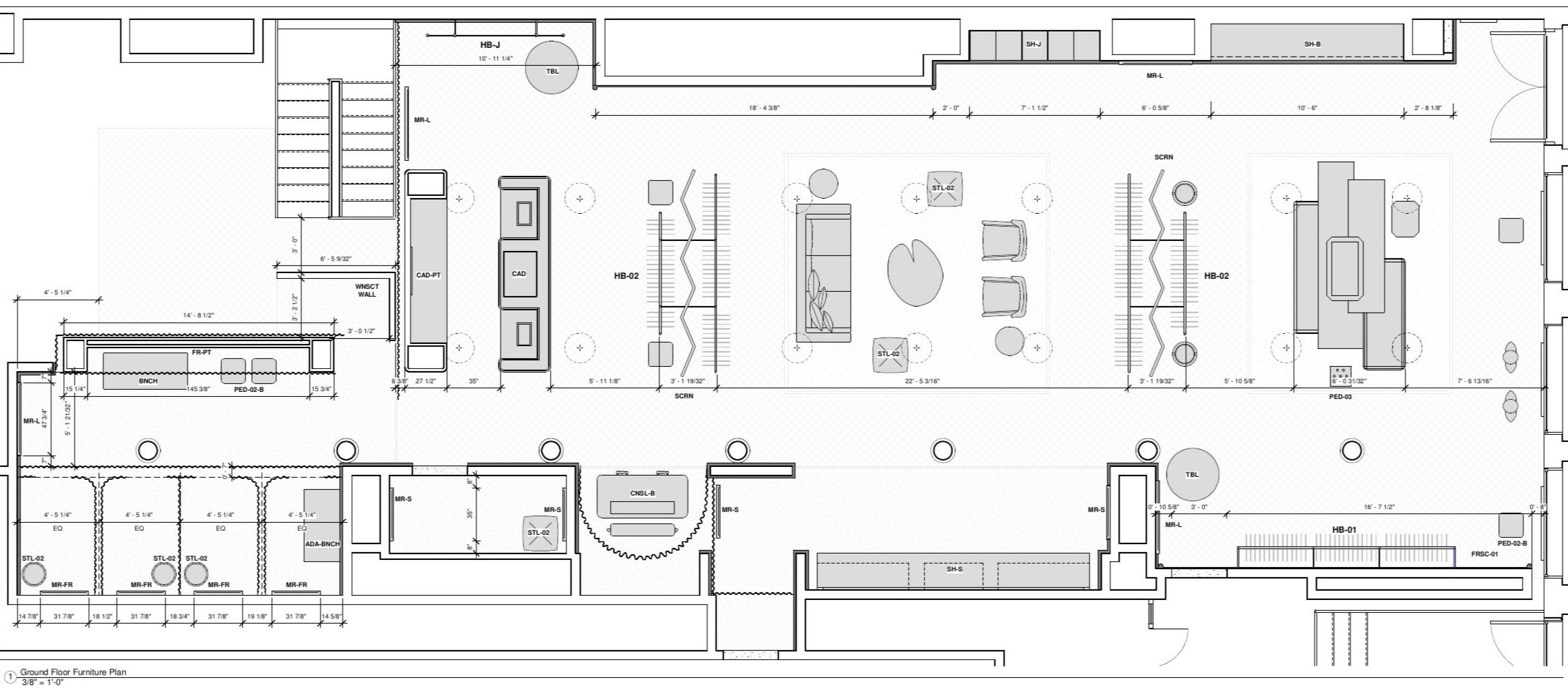Ground floor furniture plan: clothing rails, mirrors, pedest